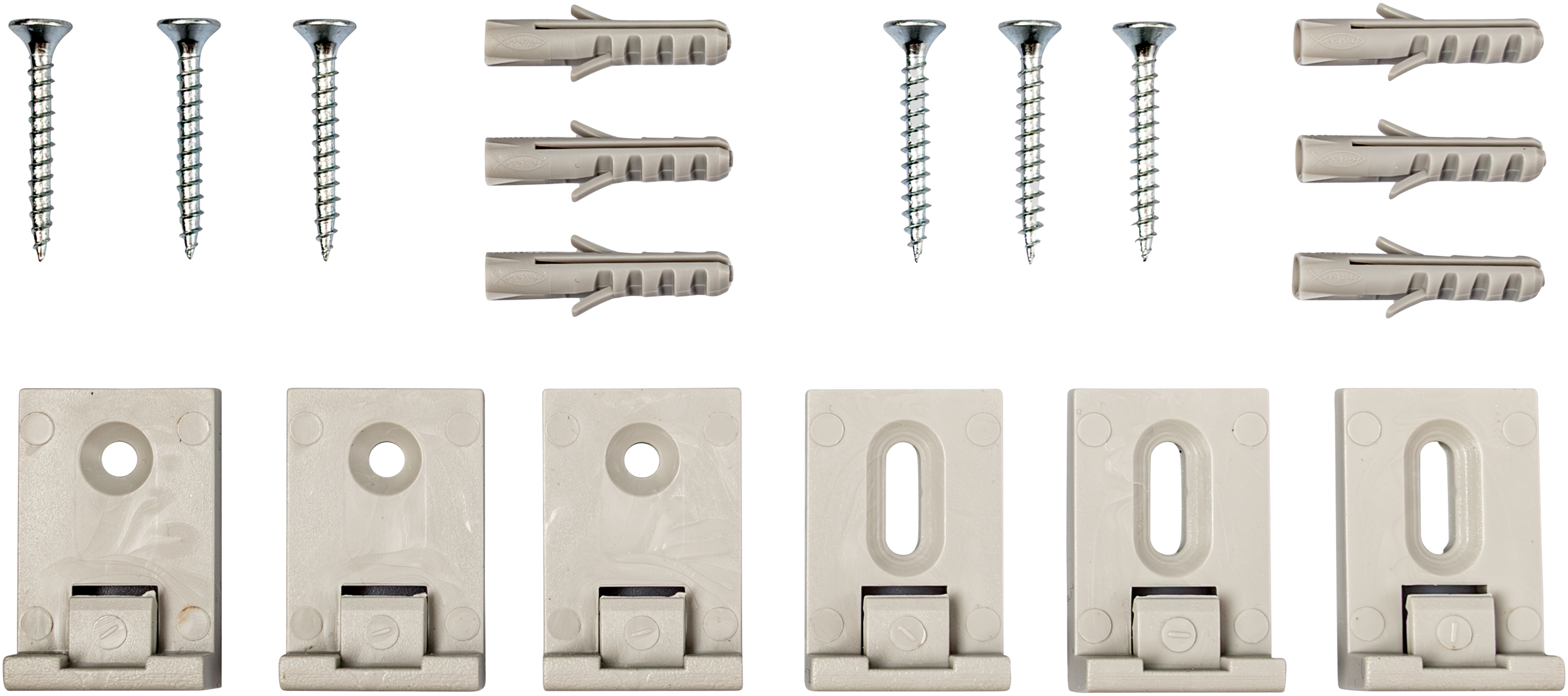 The Legamaster wall mounting kit for board PREMIUM, PREMIUM PLUS by Legamaster includes six screws, six wall anchors, and five identical beige plastic mounting brackets arranged on a white background.