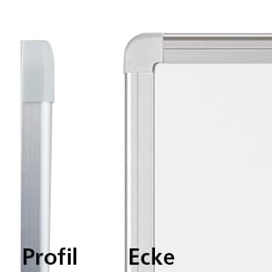 Close-up of a whiteboard’s silver aluminum frame, showing a side profile labeled "Profil" and a rounded corner labeled "Ecke" on a white background.