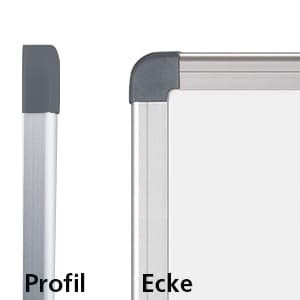 Close-up of a silver aluminum whiteboard frame with a dark gray plastic corner cap, labeled "Profil" on the side view and "Ecke" on the corner view.