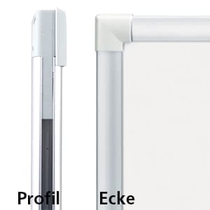 Close-up of a whiteboard’s aluminum frame shown from the side (labeled "Profil") and from the corner (labeled "Ecke") with rounded white plastic corner and smooth metallic edge.