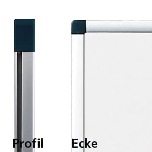 Close-up of a Premium board’s corner and side profile, highlighting the dark rectangular cap. The German words "Profil" and "Ecke" label the images. A Legamaster Shop Mounting kit for Premium Boards is available for secure installation.