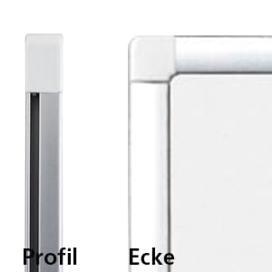 Side and corner views of the Legamaster Shop Mounting kit for Premium Boards' white rectangular frame with grey inner edge. The left is labeled "Profil" (profile), the right "Ecke" (corner), showing details for premium boards or whiteboards.