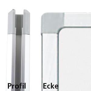 Close-up of a whiteboard frame showing a side profile labeled "Profil" on the left and a corner labeled "Ecke" on the right, both with silver-colored metal edges.
