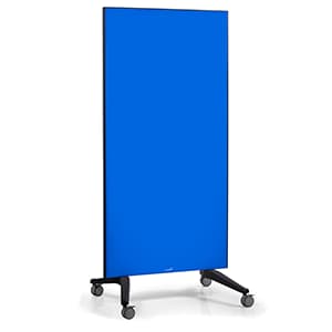 A tall, rectangular, blue mobile board on a black wheeled base, standing upright against a white background.