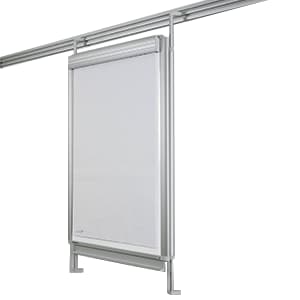 A silver-framed poster display case with a clear front cover, mounted on a horizontal rail system, designed for holding and displaying signs or notices.
