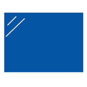A solid blue rectangle with two thin, parallel white lines in the top left corner, angled diagonally from left to right.