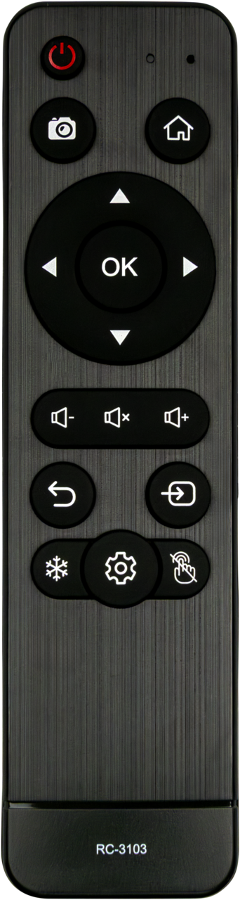 The Legamaster remote control for touch monitor EVOLVE & EXPLORE is a black device with a circular directional pad, buttons for volume, home, camera, settings, power, and is labeled RC-3103 at the bottom.