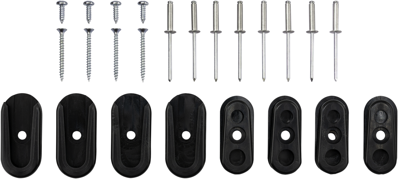 The Legamaster coupling set for boards PREMIUM by Legamaster includes six screws, six rivets, and six black plastic mounting brackets neatly arranged on a white background.