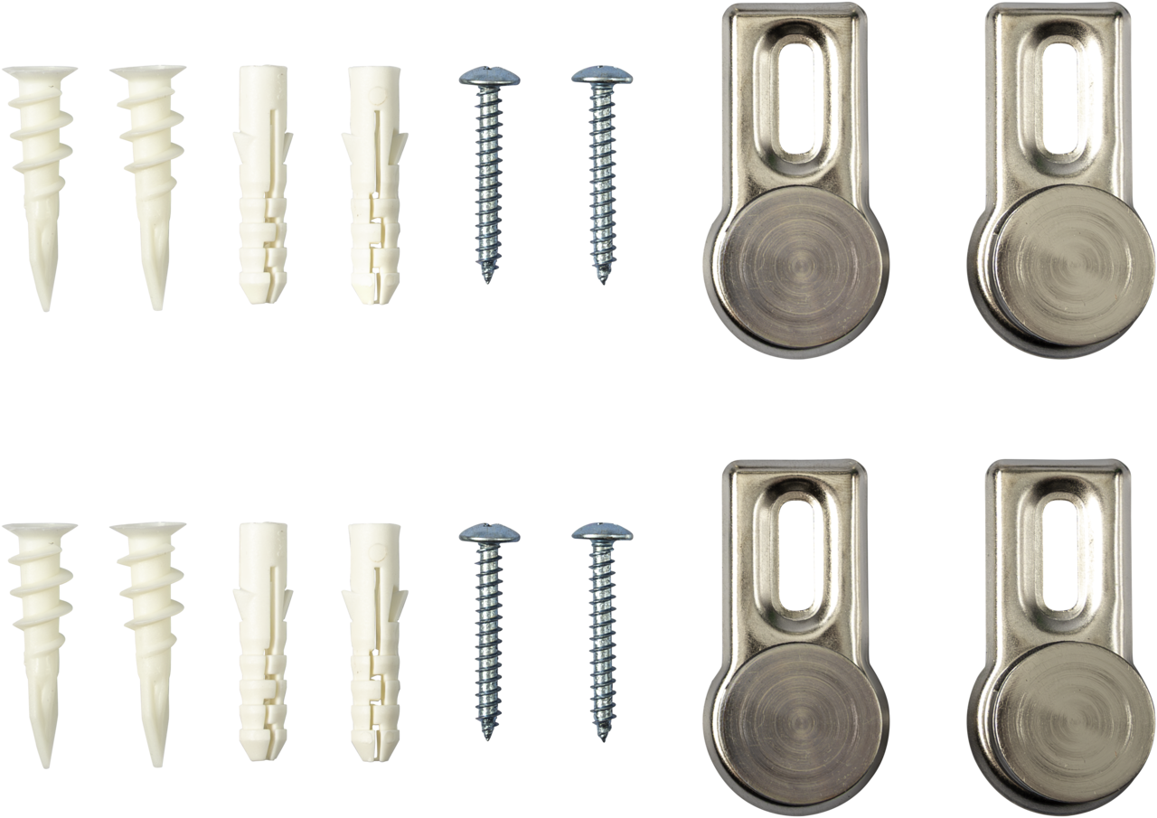 The Legamaster mounting kit for glassboard by Legamaster includes four white wall anchors, four plastic plugs, four silver screws, and four silver metal brackets arranged neatly on a white background.