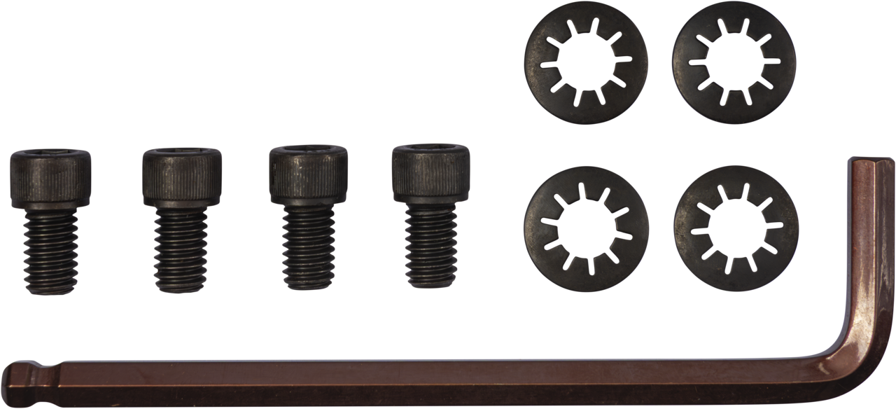 The Legamaster mounting kit for glassboard stand includes four black bolts, four black lock washers, and a brown L-shaped hex key, all arranged neatly. Brand: Legamaster.
