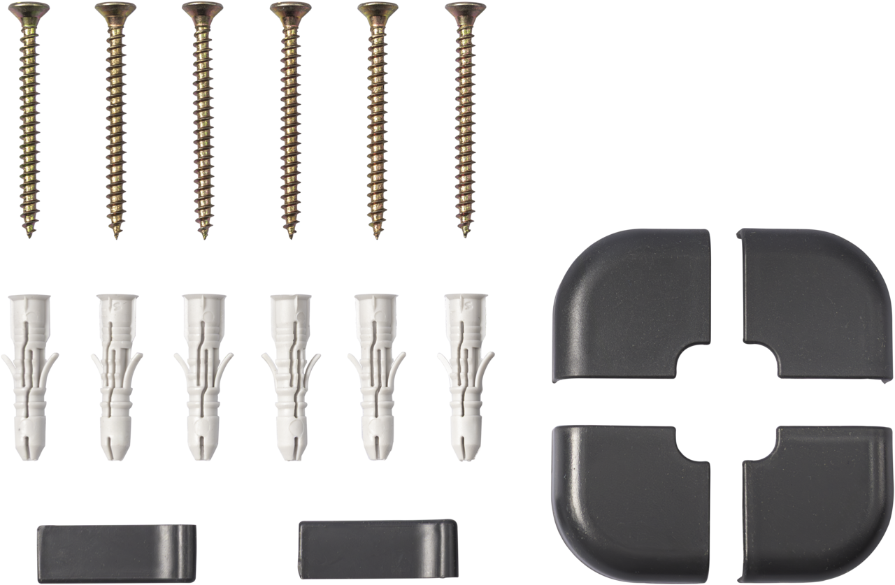 The Legamaster wall mounting kit for whiteboard UNIVERSAL by Legamaster includes five screws, five white wall plugs, two small rectangular black clips, and four black curved corner pieces arranged neatly on a white background.