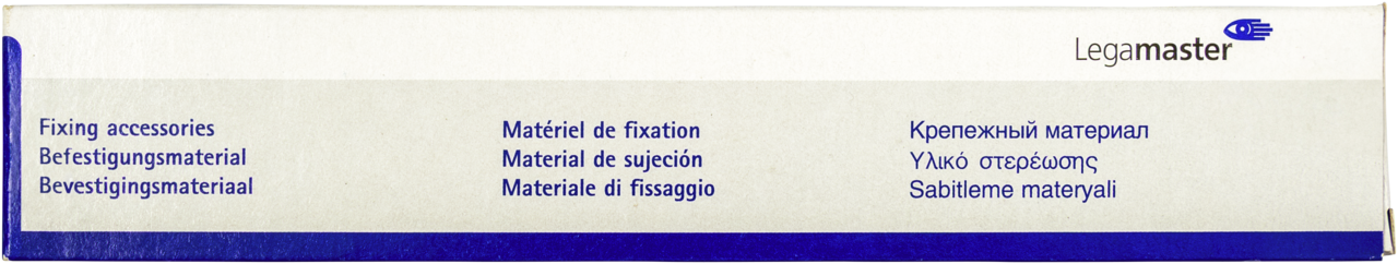 A white and blue Legamaster box for the wall mounting kit for board PROFESSIONAL with “Fixing accessories” printed in several languages, including French, German, Spanish, Italian, Russian, Greek, and Turkish.
