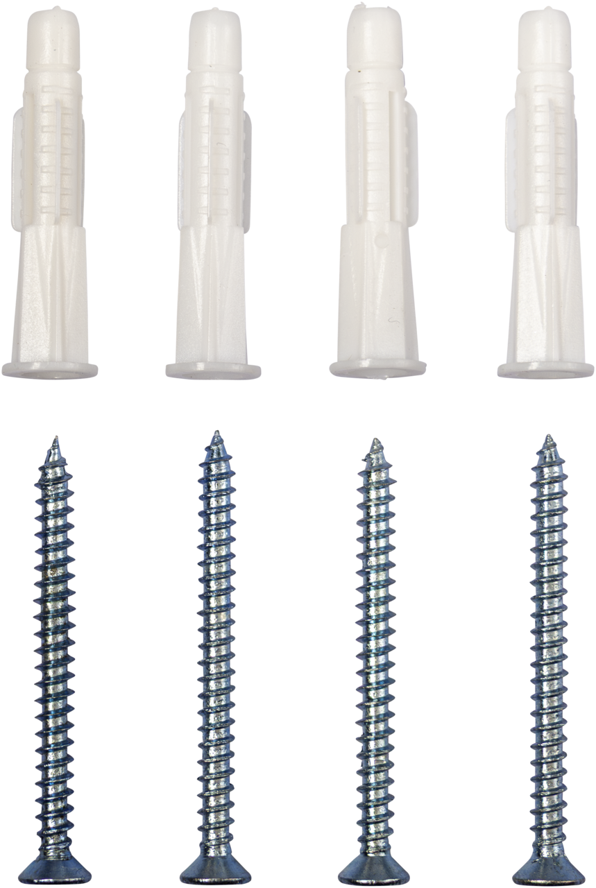 Four white plastic wall anchors and four silver metal screws from the Legamaster mounting kit for glassboard are arranged vertically against a plain background.