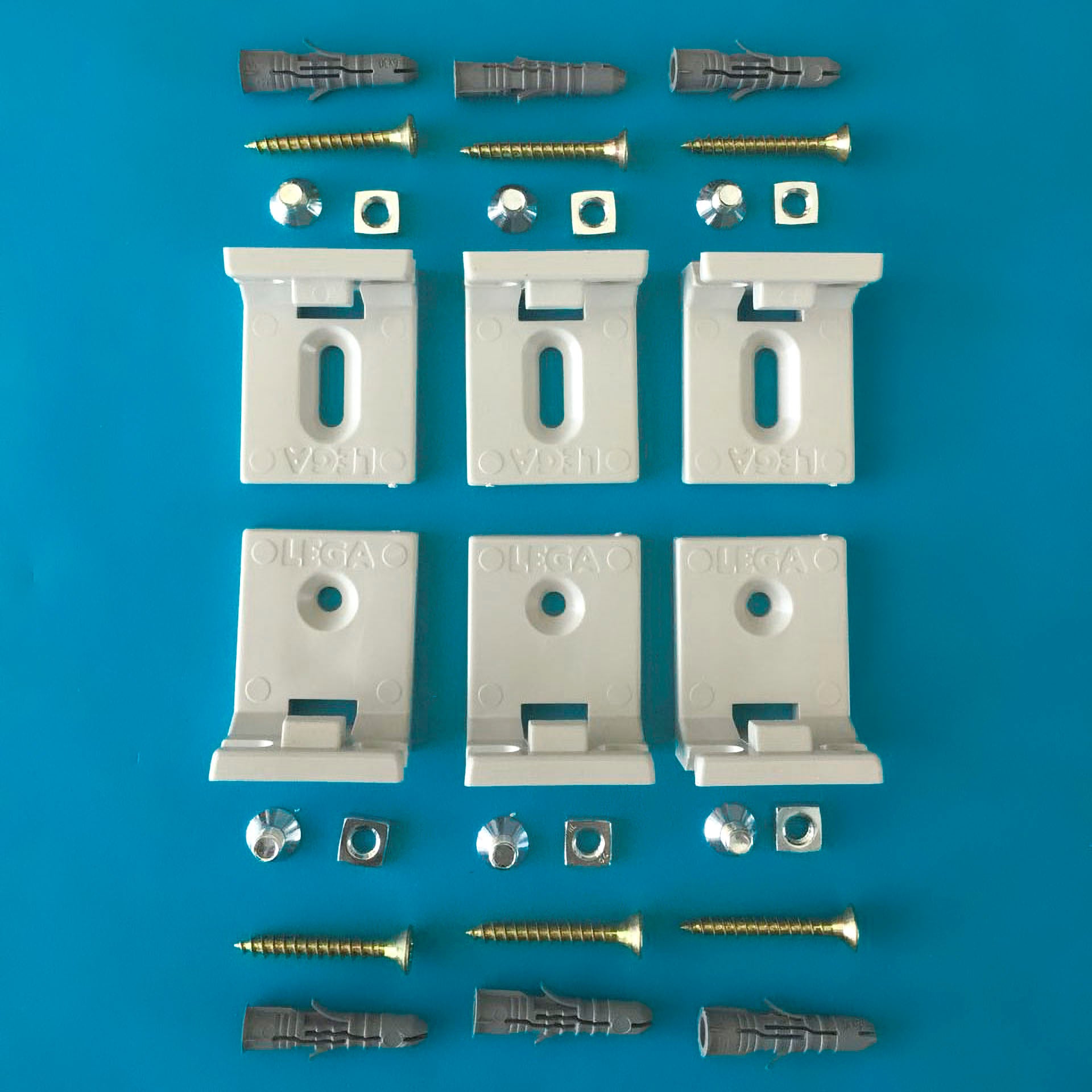 A neatly arranged Legamaster Shop Mounting Kit for Professional Boards on a blue background, featuring six white brackets, screws, wall plugs, nuts, and washers in a symmetrical grid—ideal for professional boards.