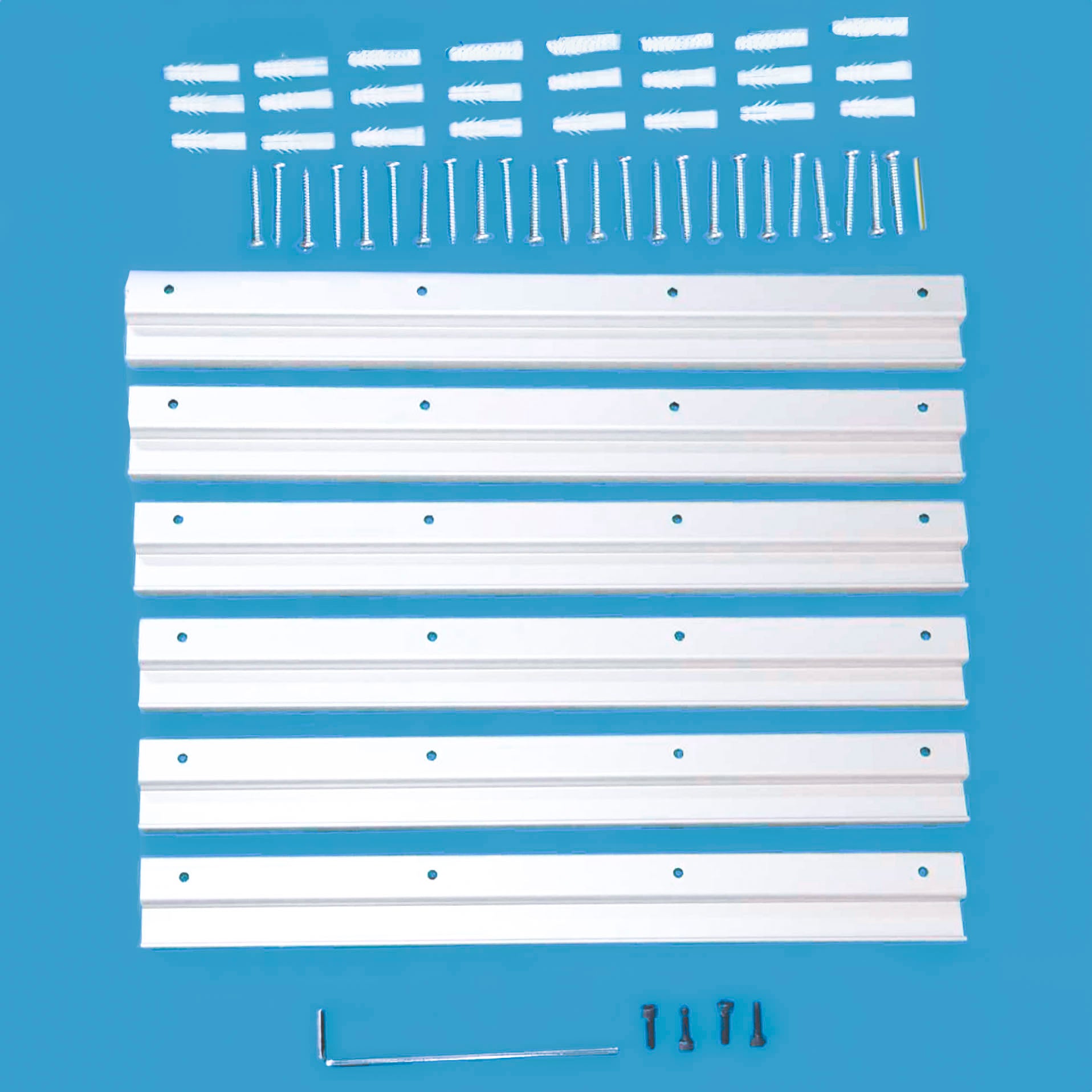The Legamaster Shop Mounting kit for WALL-UP and Essence large includes eight white metal wall mounts, screws, wall anchors, bolts, and an L-shaped hex key—ideal for securing your Essence whiteboards.