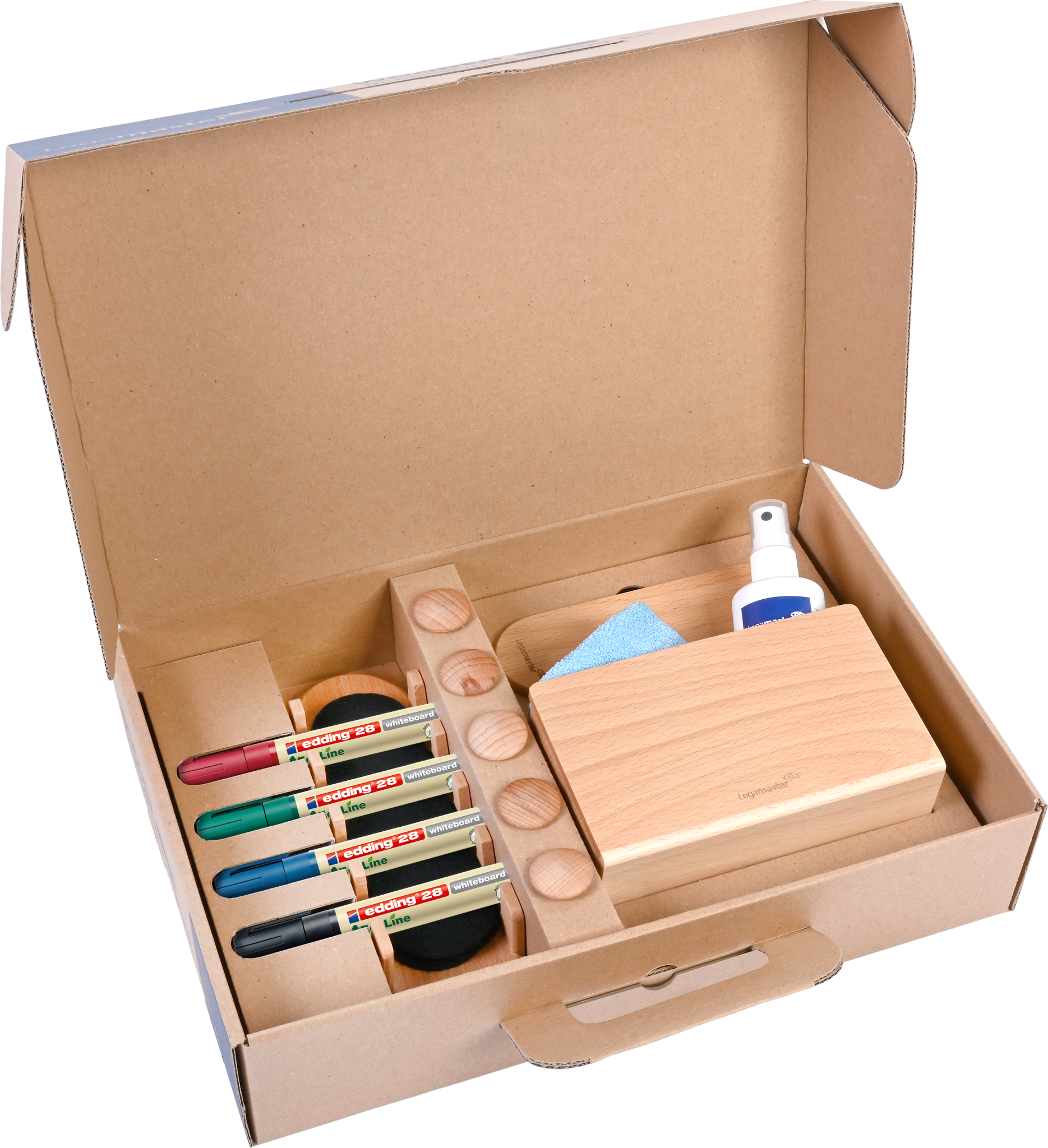The Legamaster WOODEN whiteboard starter kit includes eco-friendly markers (4 colors), an eraser, spray bottle, cleaning cloth, and wooden accessories—neatly organized in a cardboard box with compartments.
