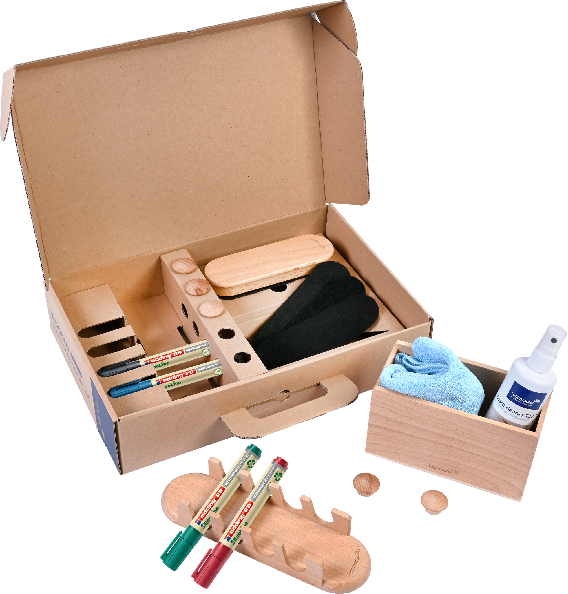 The Legamaster WOODEN whiteboard starter kit by Legamaster includes wooden shoe care tools, brushes, shoehorns, a black insole, wooden pegs, cleaning cloth, eco-friendly whiteboard markers (white & colored), and a spray bottle—all neatly arranged.