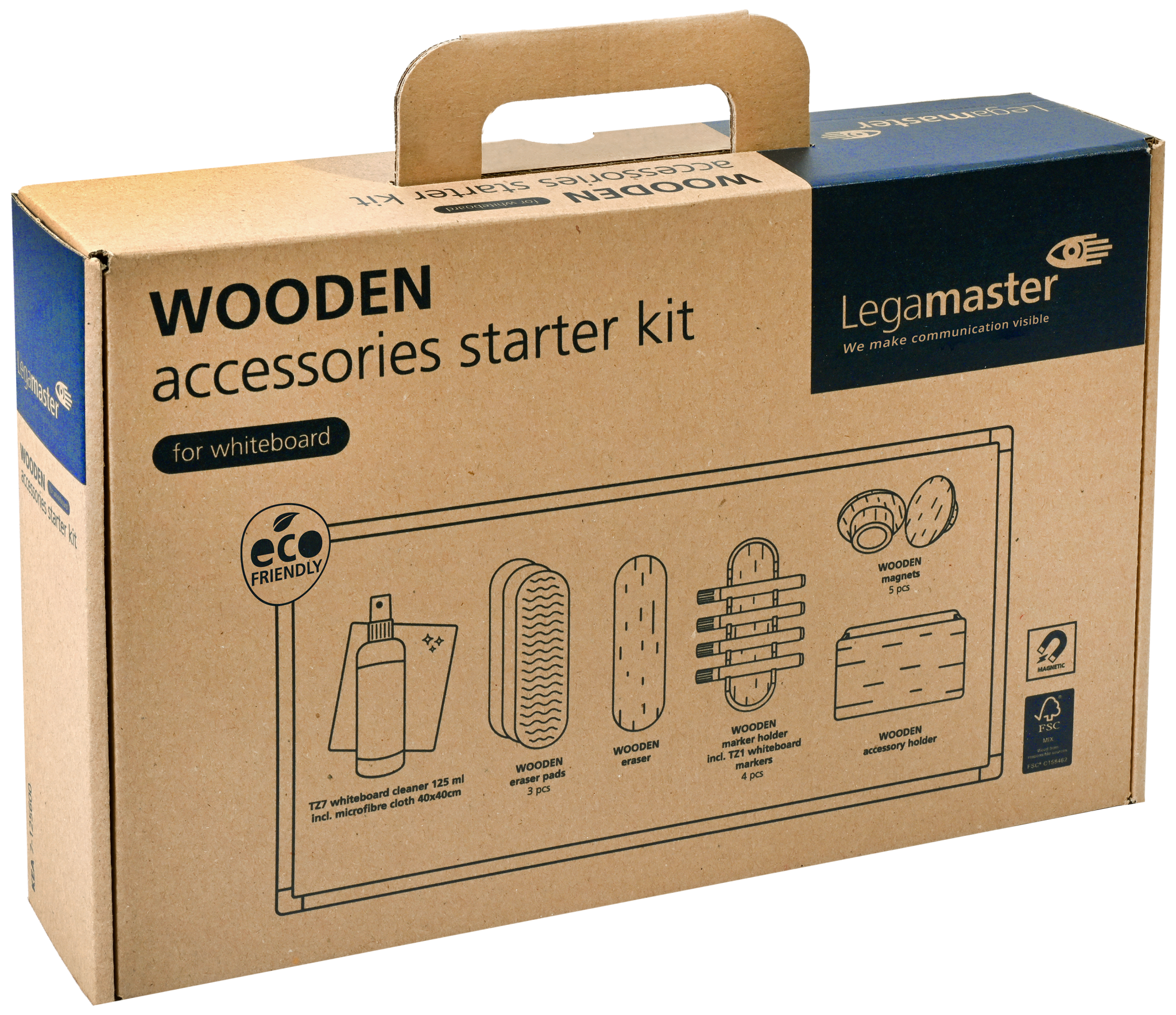 The Legamaster WOODEN whiteboard starter kit includes eco-friendly whiteboard markers, wooden accessories, erasers, magnets, a spray bottle, and features clear recycling symbols.