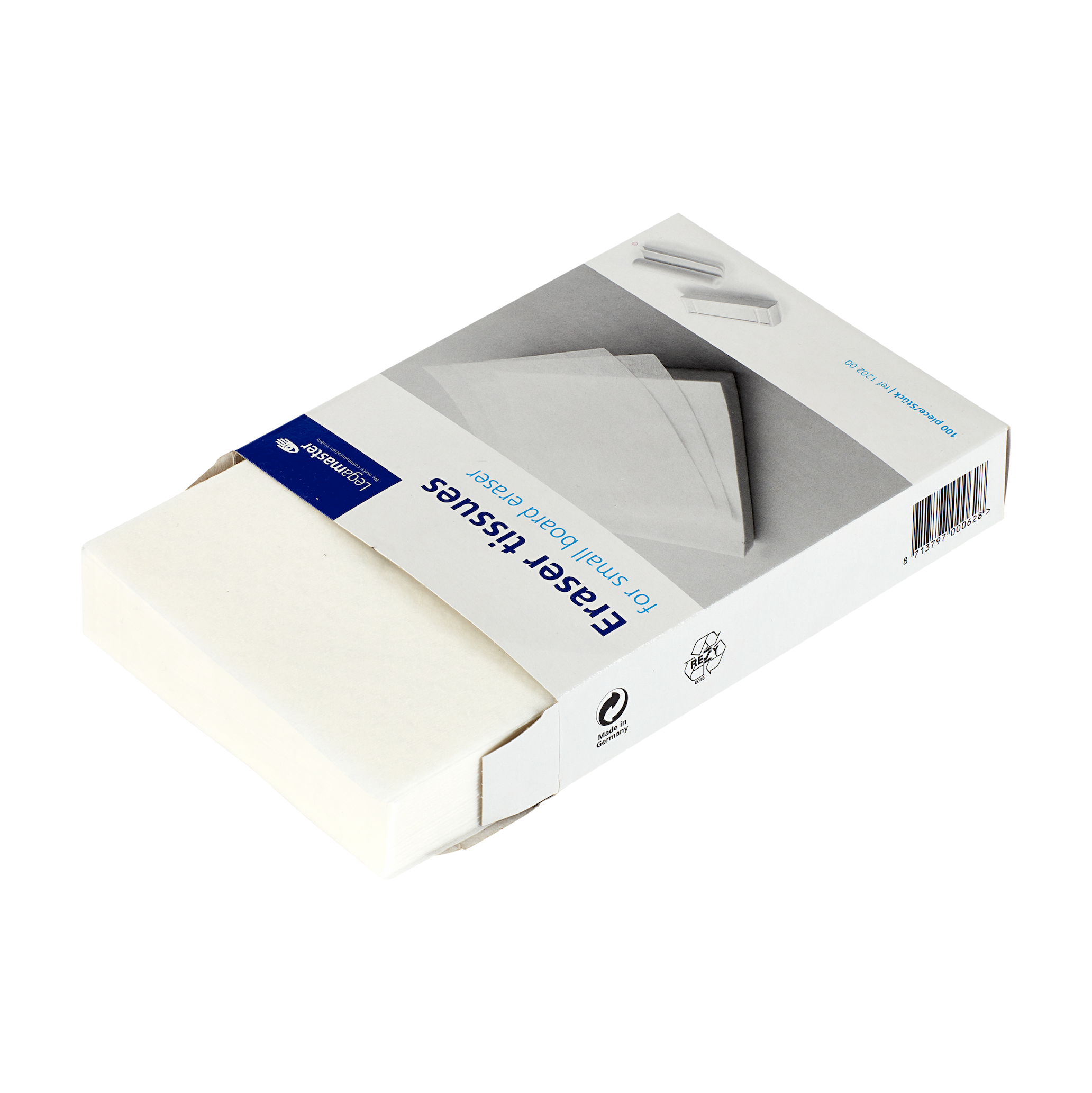 An open rectangular box of Legamaster Shop Eraser tissue for small whiteboard eraser (100 pcs) shows several tissues partially pulled out. The white and blue packaging is printed with images and text on the front.