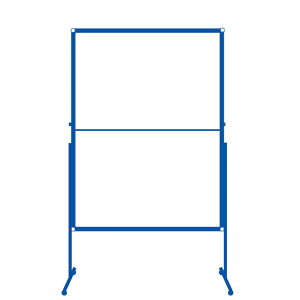 Blue outline illustration of an easel with a blank rectangular board, supported by two tripod legs and small feet at the bottom.