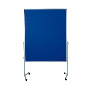 A mobile notice board with a blue surface and a silver metal frame, standing on four wheels, photographed against a plain white background.