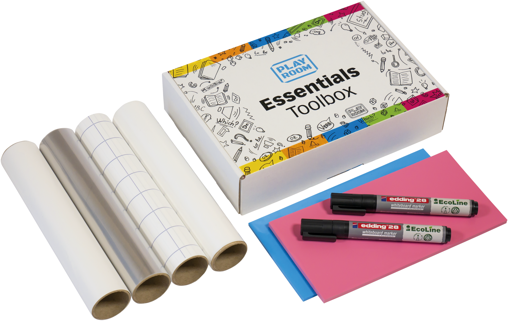 The PLAYROOM ESSENTIALS creative box Magic-Chart by PLAYROOM features a colorful box, four white paper rolls, two black markers, and blue, pink, and purple reusable Magic-Charts—perfect for organized brainstorming—all arranged on a white background.