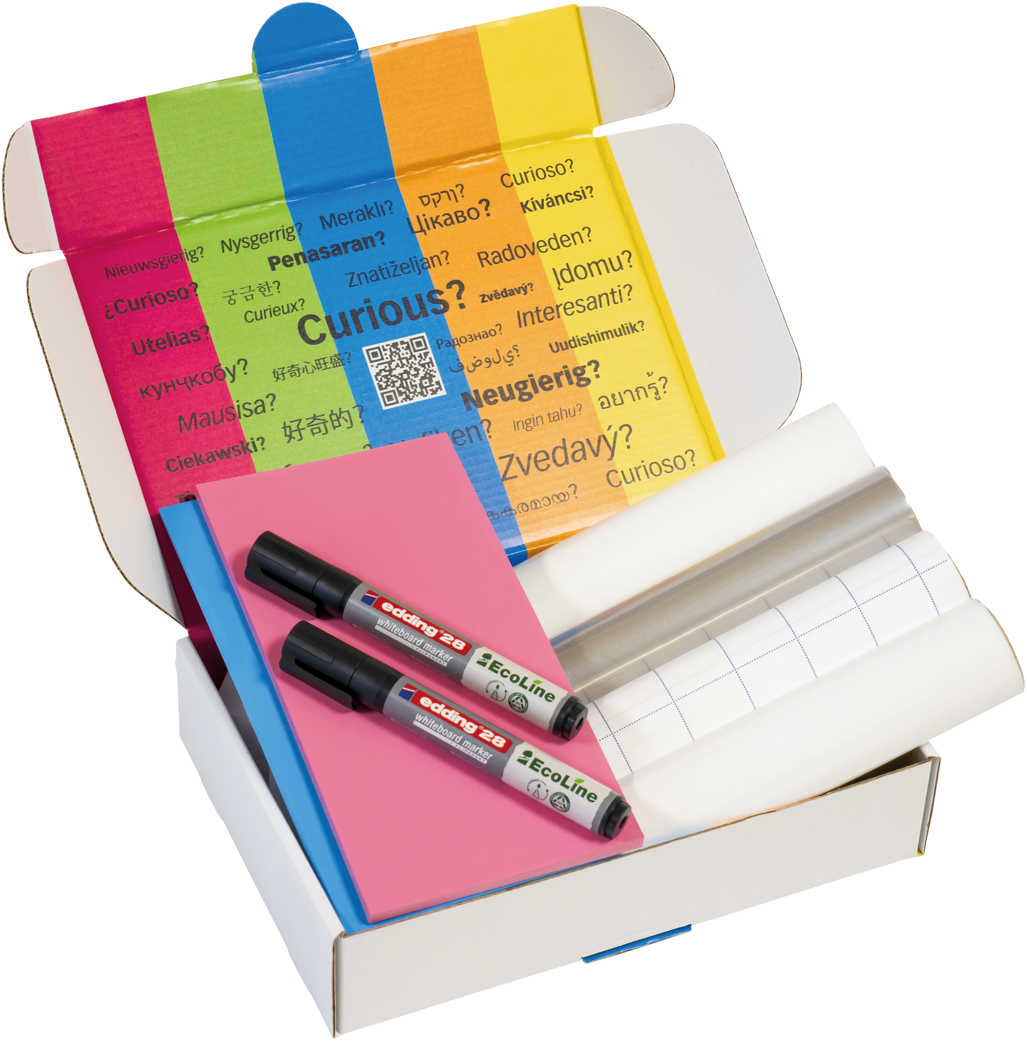The PLAYROOM ESSENTIALS creative box Magic-Chart by PLAYROOM includes colorful papers, two black Edding EcoLine markers, rolled white sticker sheets, reusable Magic-Charts, and a multilingual note—ideal for organized brainstorming.