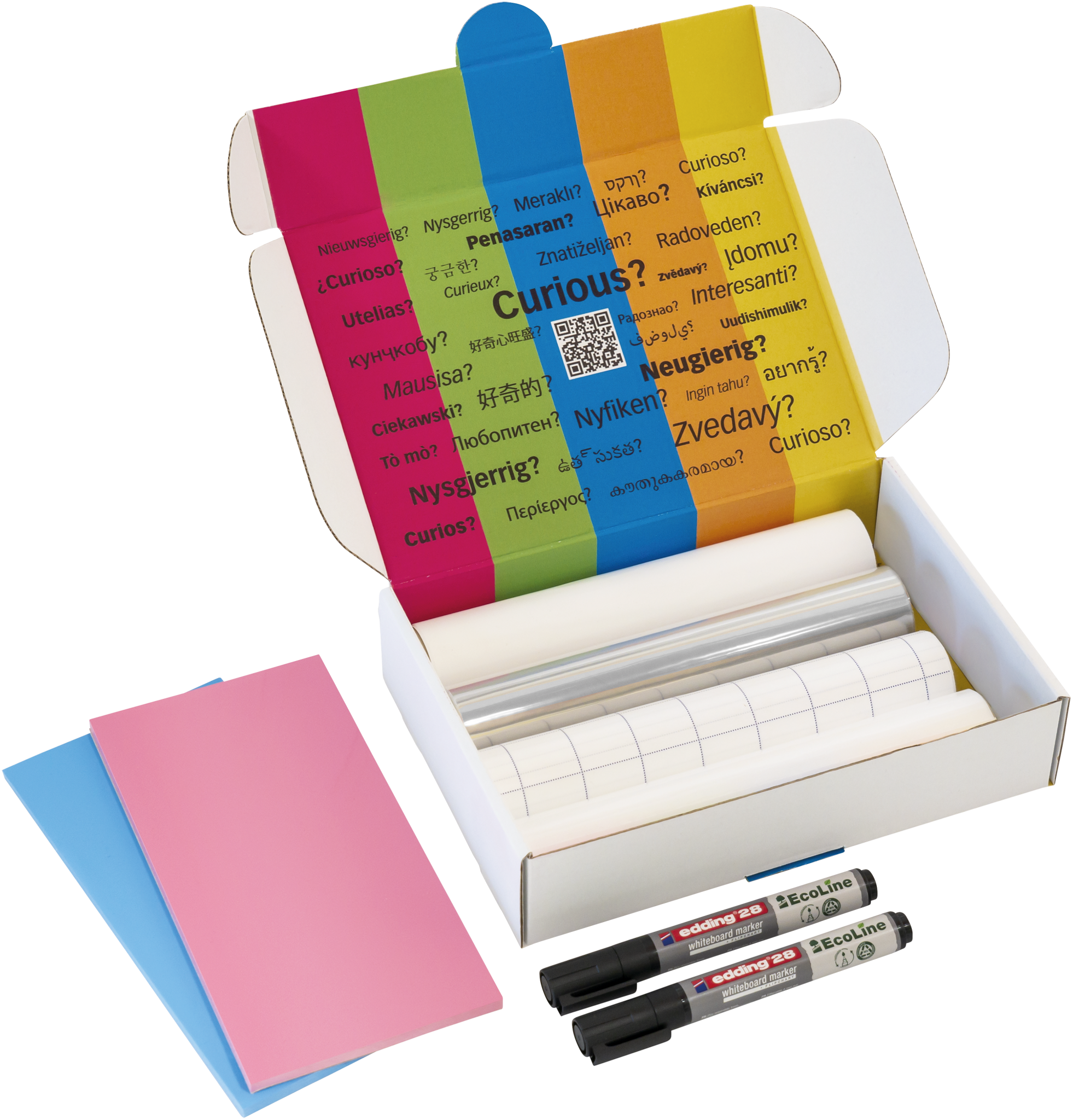 The PLAYROOM ESSENTIALS creative box Magic-Chart by PLAYROOM features an open white box with colorful inner lid, reusable whiteboard sheets, 2 black markers, blue and pink erasers, and adhesive labels—ideal for organized brainstorming.