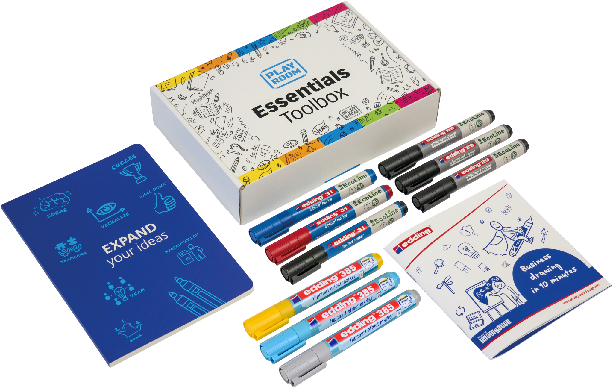 The PLAYROOM ESSENTIALS creative box Visualisation by PLAYROOM, featuring a vibrant notebook and assorted markers, is arranged on a white background to spark creativity and enhance visual communication.