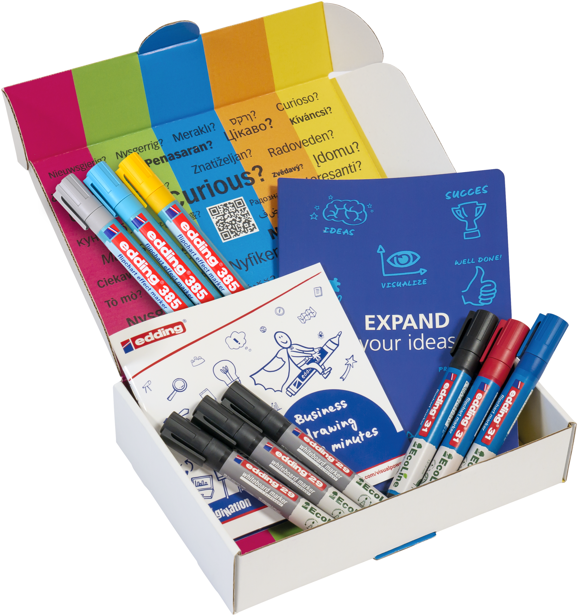 The PLAYROOM ESSENTIALS creative box Visualisation by PLAYROOM includes assorted Edding markers, a blue “EXPAND your ideas” notebook, and multilingual cards—an all-in-one kit to inspire creativity. A vibrant background with QR code enables easy visual communication.
