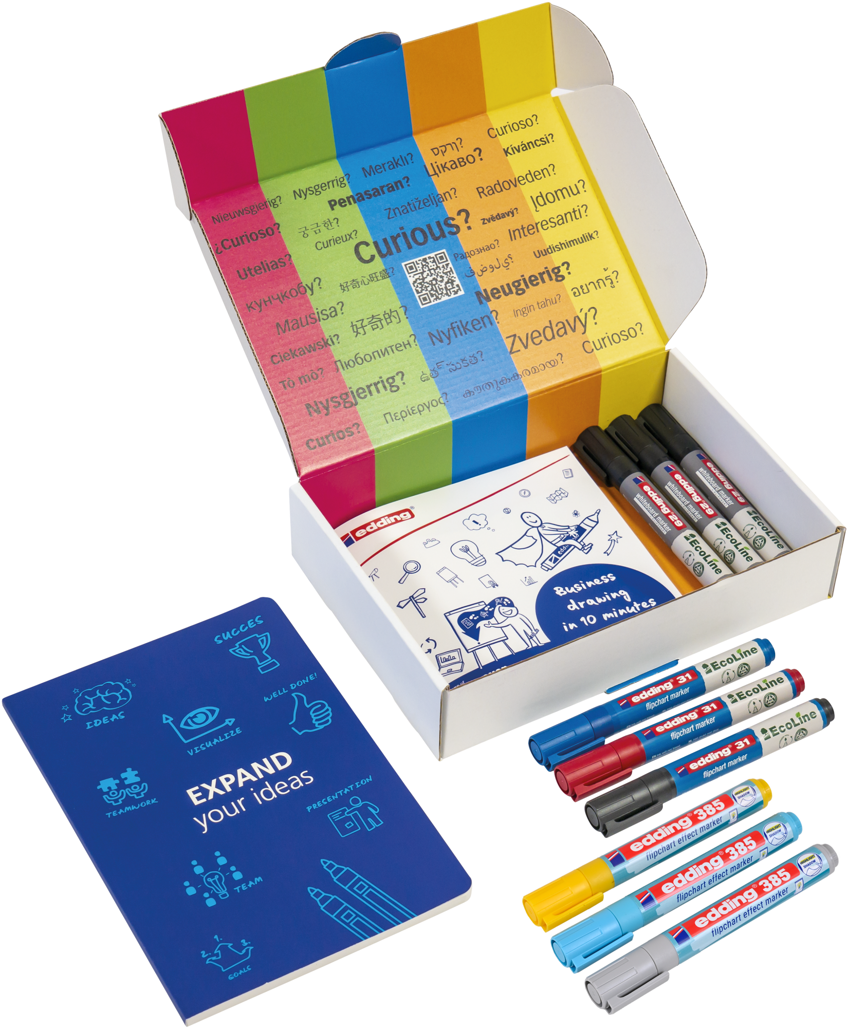 The PLAYROOM ESSENTIALS creative box Visualisation by PLAYROOM features an open colorful box with markers, a booklet titled "Expand your ideas," a postcard, plus extra markers, all set against a white background—ideal for sparking creativity.