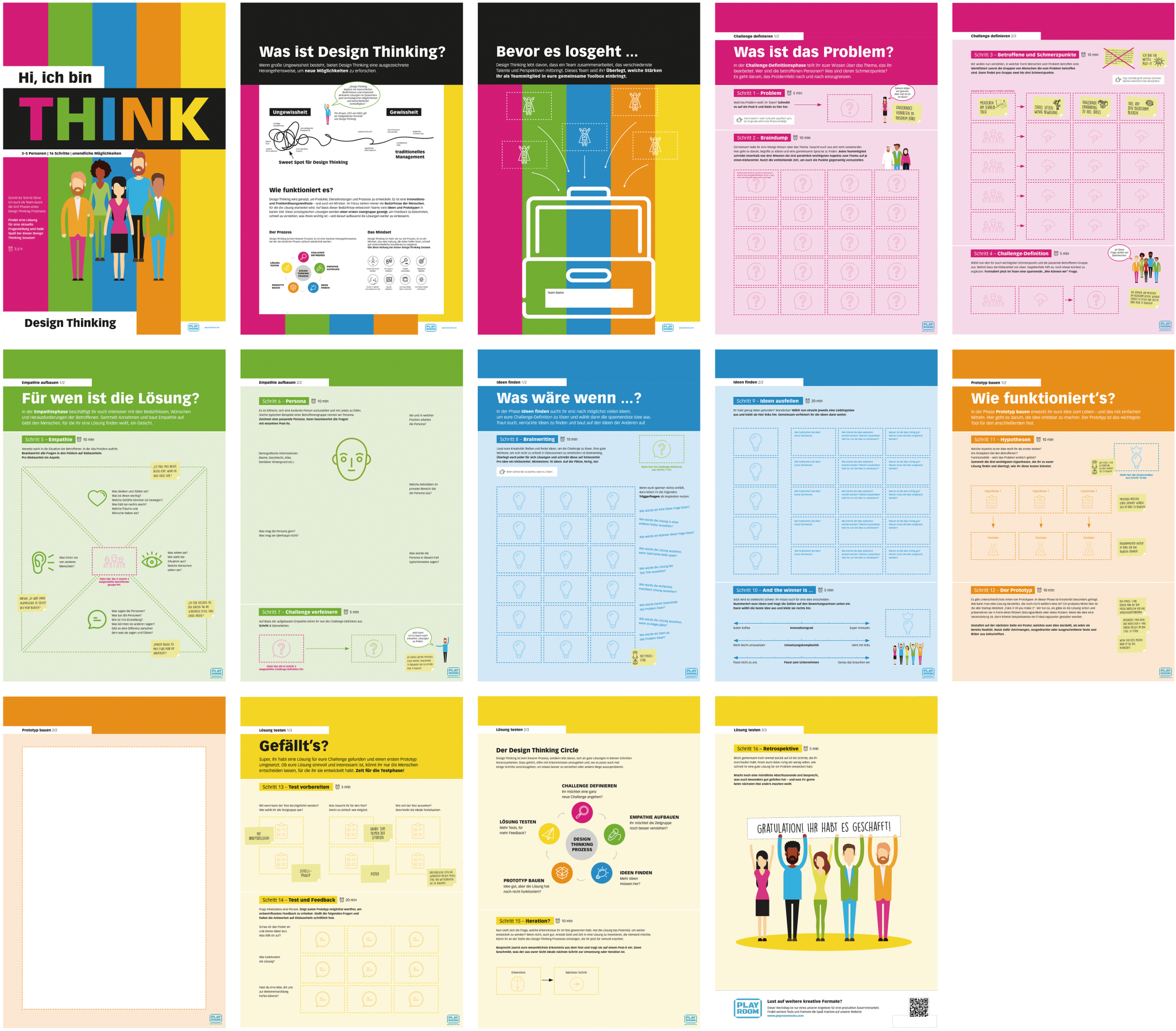 The PLAYROOM THINK FLIP paper pad 5pcs by Legamaster Shop is a colorful, 12-page illustrated guide on the Design Thinking framework with clear steps, diagrams, and icons—ideal for brainstorming and evaluating ideas in your next innovation session.