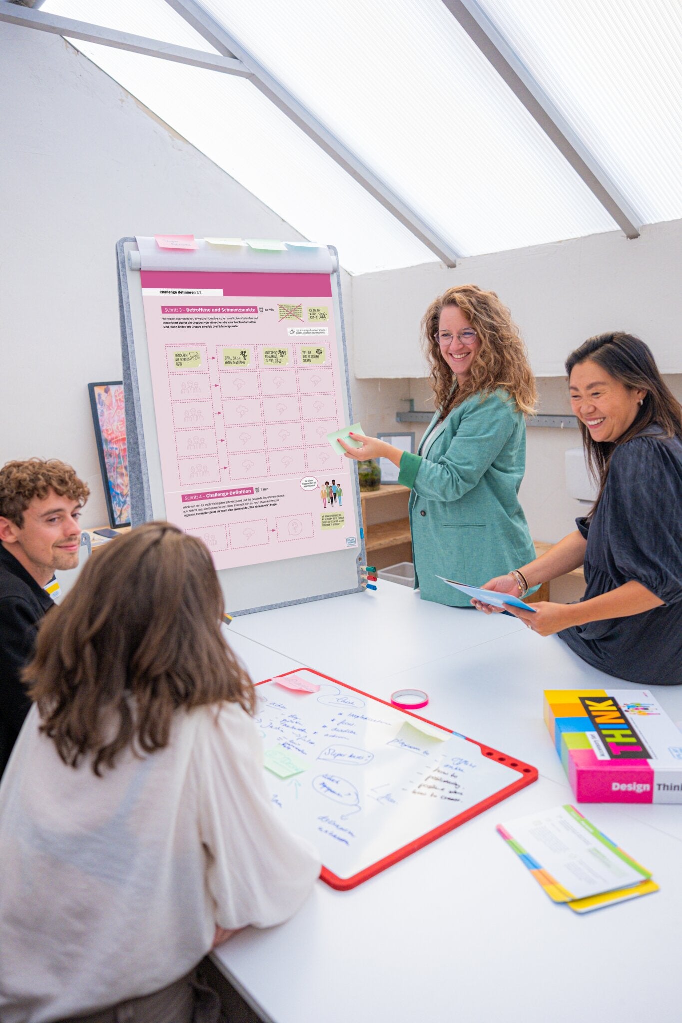 Four people are gathered around a table with colorful notes, using a Legamaster Shop PLAYROOM THINK FLIP paper pad 5pcs to discuss the Design Thinking framework. Two women are smiling and actively engaging with the group in front of the large flipchart.