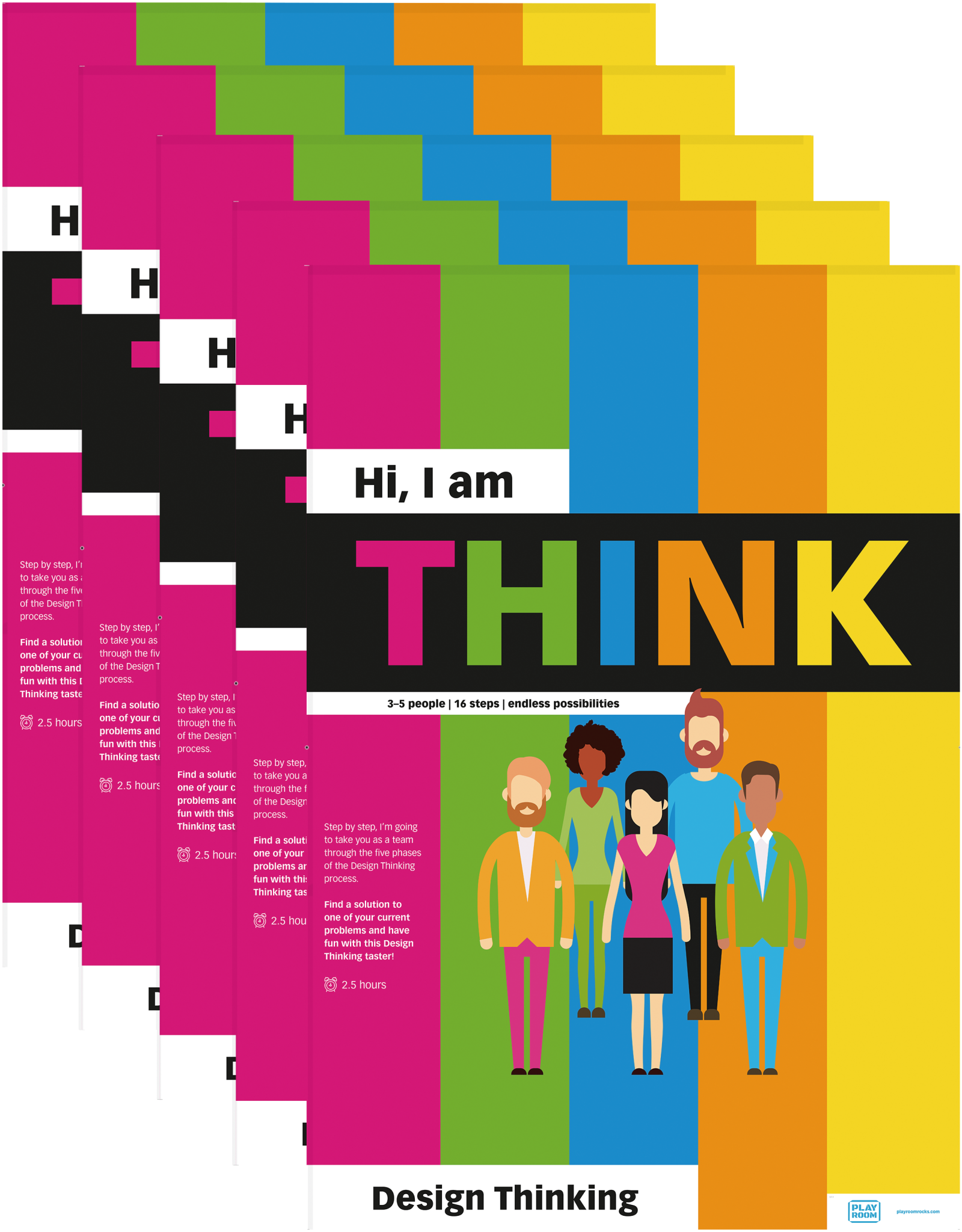 The PLAYROOM THINK FLIP paper pad 5pcs by Legamaster Shop features bold, colorful "THINK" letters, six illustrated people, and clear text outlining a 14-step Design Thinking process for 3–5 people in 2–3 hours.