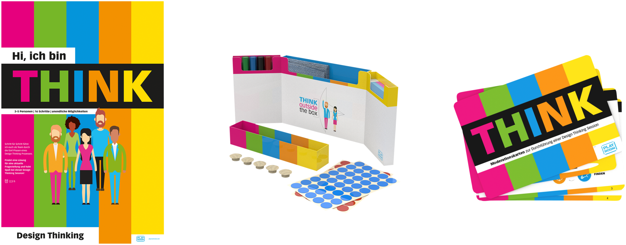 The PLAYROOM THINK FLIP starter set by Legamaster Shop features a vibrant design toolkit with a "THINK" poster, open kit of tokens and stickers, and stacked "THINK" cards on a black background with colorful stripes.