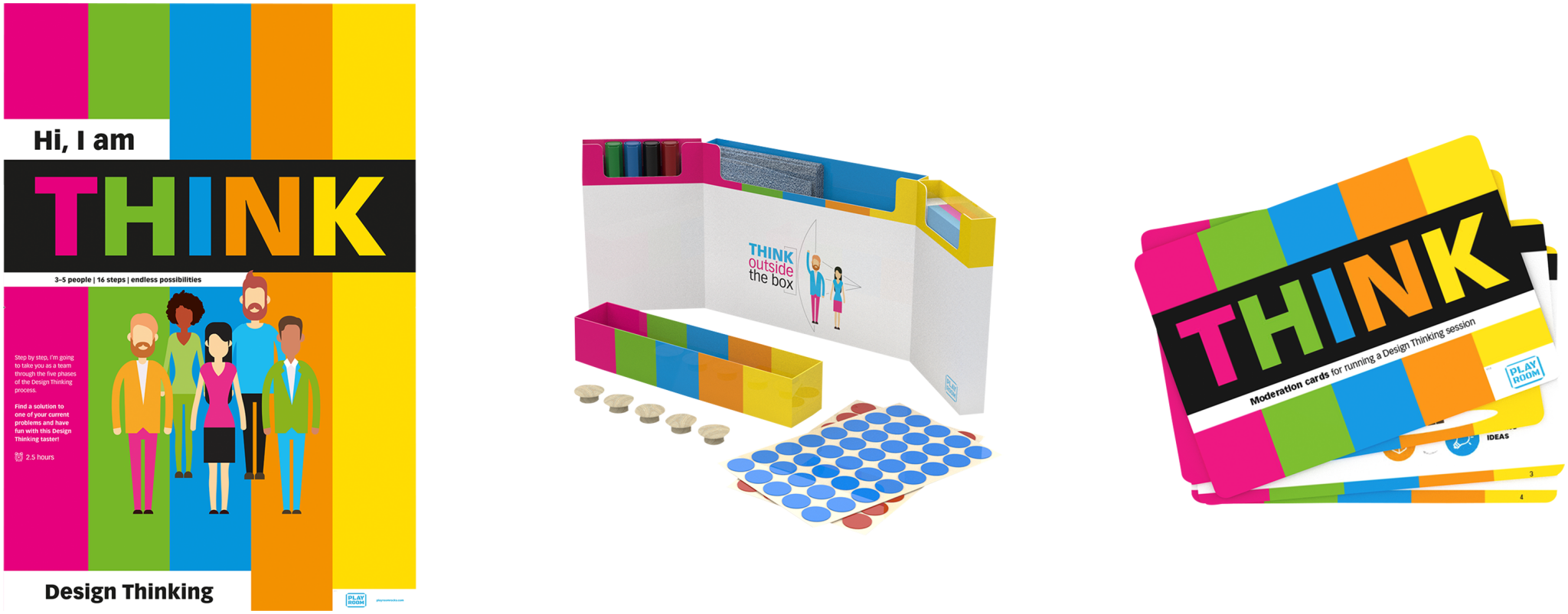 The Legamaster Shop PLAYROOM THINK FLIP starter set features a colorful design with bright vertical stripes, illustrated people, cards, tokens, and a booklet—everything needed to start your design thinking journey.