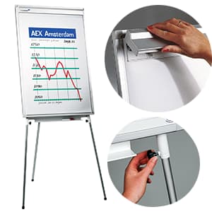 A flip chart easel with a graph showing a downward trend, alongside close-up images of hands adjusting the paper holder and tightening a knob on the easel’s leg.