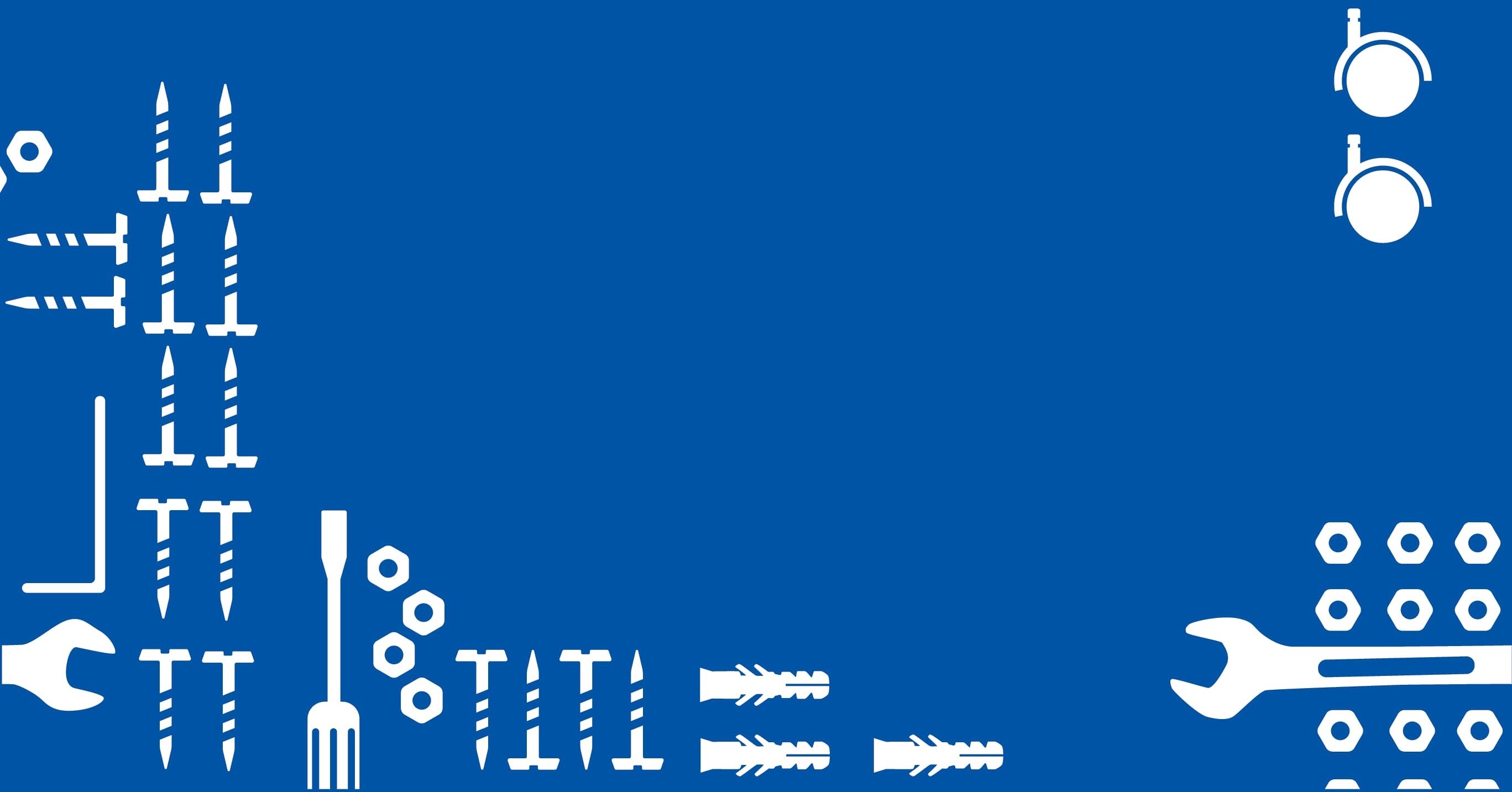 A blue background with white silhouettes of tools, screws, nuts, bolts, and wall plugs arranged along the edges, leaving the center empty for text or content.
