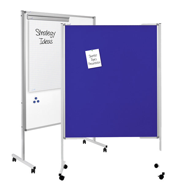 Two mobile boards on wheels: one is a whiteboard with notes reading "Strategy Ideas," and the other is a blue pinboard with a single paper pinned titled "Sprint Topic Presentation.