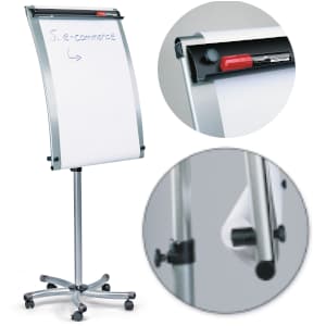 A silver flip chart easel with a pad of paper, featuring close-up insets of the paper holder at the top and an adjustable knob on the side. The paper shows handwritten text and an arrow.