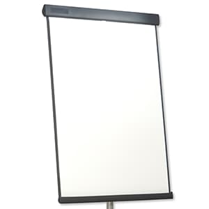 A blank flip chart with a black frame, set on a stand, viewed from a slight angle against a white background.