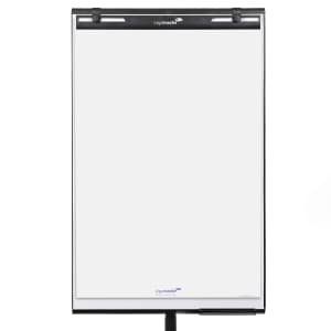 A blank white flip chart pad mounted on a black easel stand, ready for writing or drawing during a presentation or meeting.