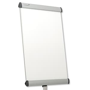 A blank white flip chart on a stand, viewed at an angle, with gray and black corner accents, ready for writing or drawing.