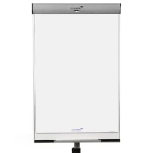 A blank flip chart on a stand with a white sheet of paper and a gray top clip, ready for writing or drawing.
