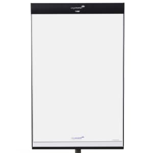 A blank white flip chart pad on a stand, with a black header and a small logo at the top. The sheet is clean and empty, ready for writing or drawing.