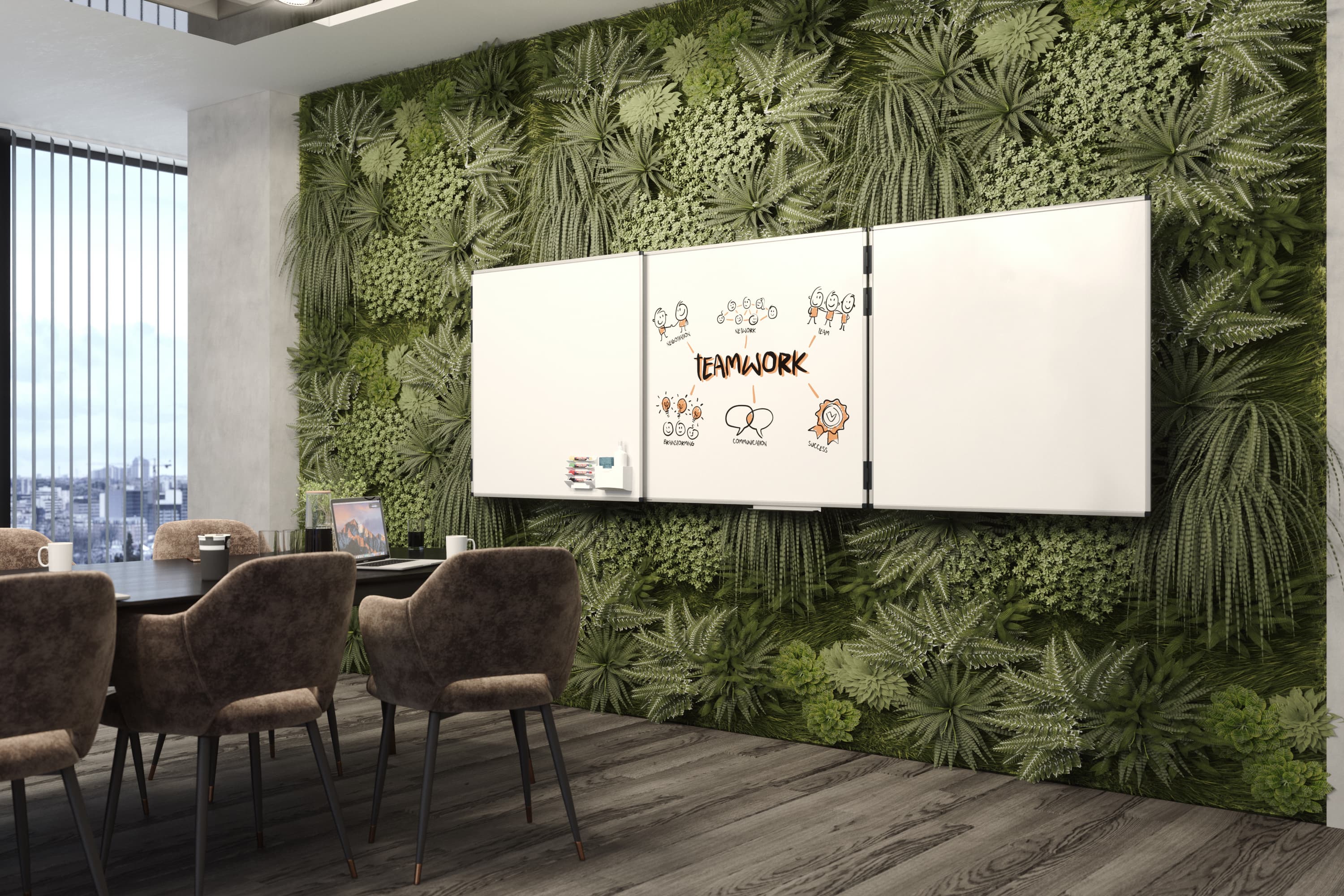 A person stands in an industrial setting, interacting with large display boards showing charts, graphs, and data. Machinery and pipes are visible in the background.