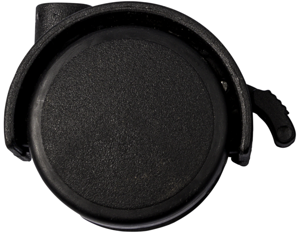 A close-up of the Legamaster castor for workshop board PREMIUM PLUS by Legamaster, a black plastic caster wheel with a locking lever, designed for use with workshop boards and furniture.