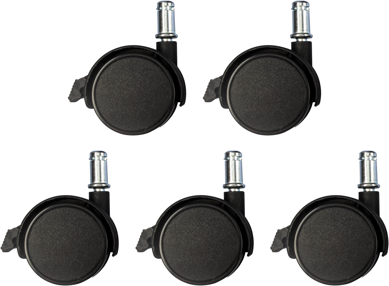 Five Legamaster castors for the TRIANGLE flipchart, featuring black plastic wheels with metal stems, are arranged on a white background.