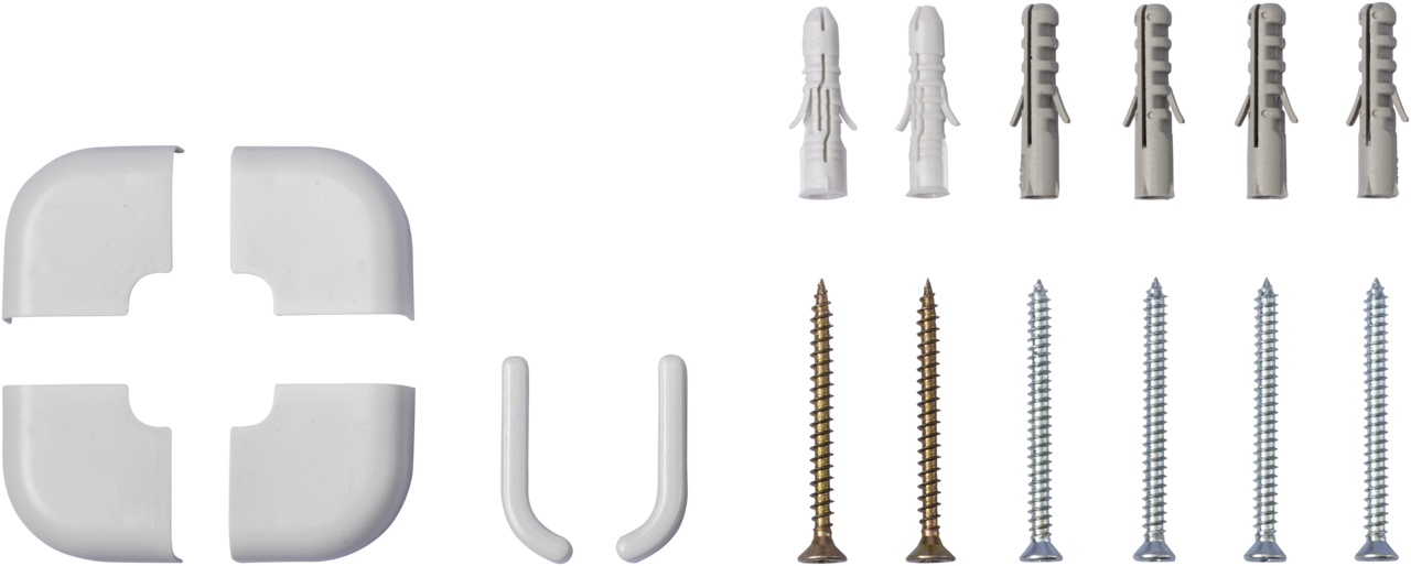 The Legamaster wall mounting kit for whiteboard UNIVERSAL PLUS includes four white plastic corner pieces, two white U-shaped hooks, four gray wall plugs, and six assorted screws from the Legamaster brand.