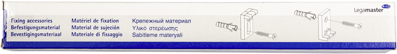 A white and blue Legamaster box labeled "Fixing accessories" in multiple languages, showing sketches for wall plug and screw installation, contains the Legamaster wall mounting kit for board PREMIUM.